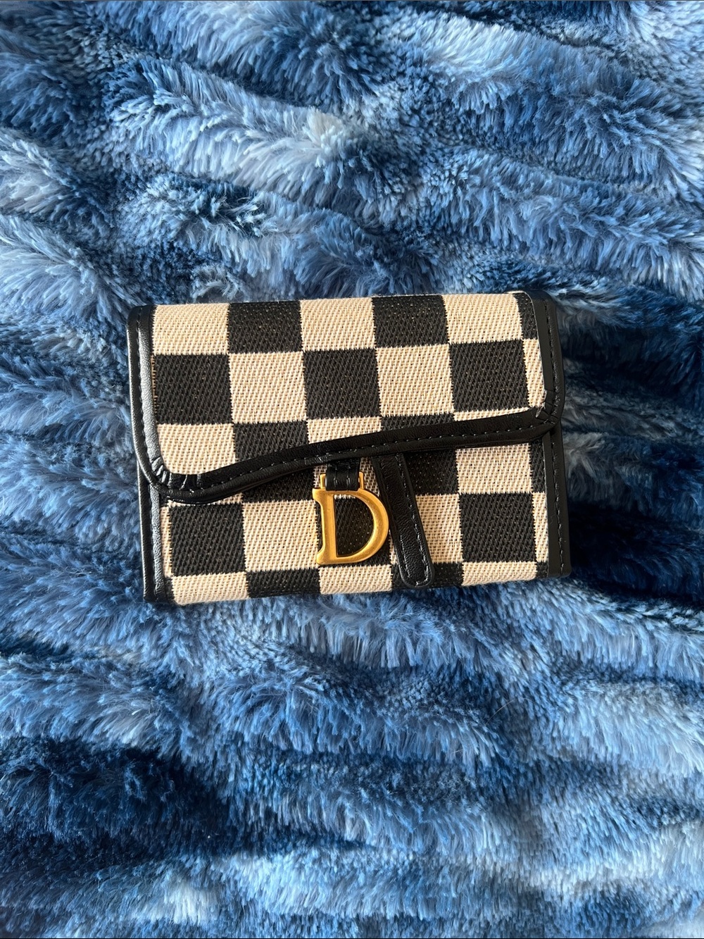 Checkered Black and Cream Compact Wallet with Gold D Accent
